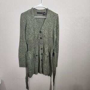 Allison Brittney Sweater Womens Medium Green Marled Belted Cardigan Button Front